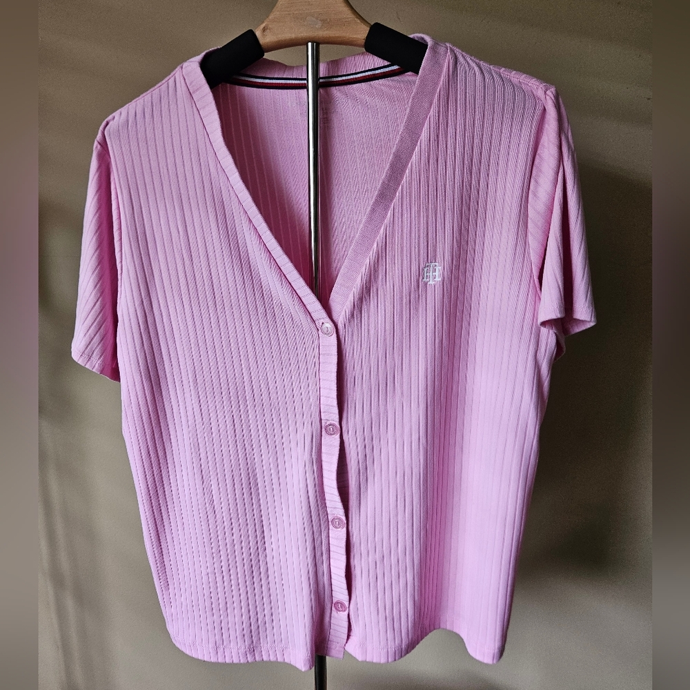 Tommy Hilfiger Pink Ribbed Short Sleeve Pajama Top - Size XL